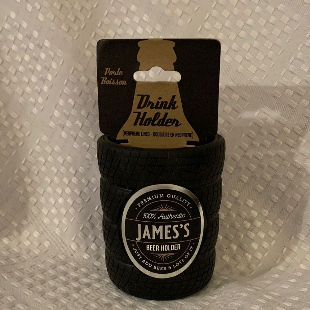 “James” personalized Black Tire Drink Holder. 4 inches high.